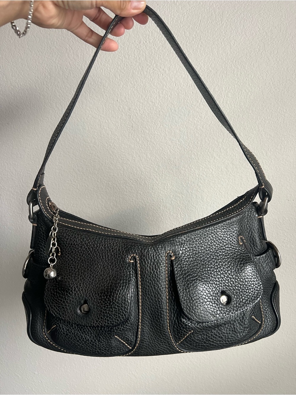 Vintage LANCEL Classic Black Leather Shoulder Bag with Front Pockets Amazing